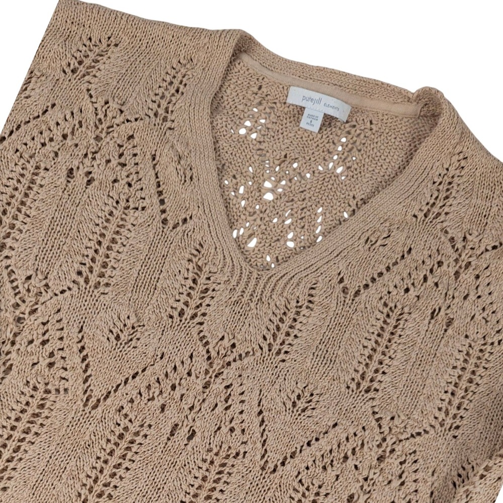 Pure Jill Elements Tan Pointelle V-Neck Sweater Cotton Blend Petite S